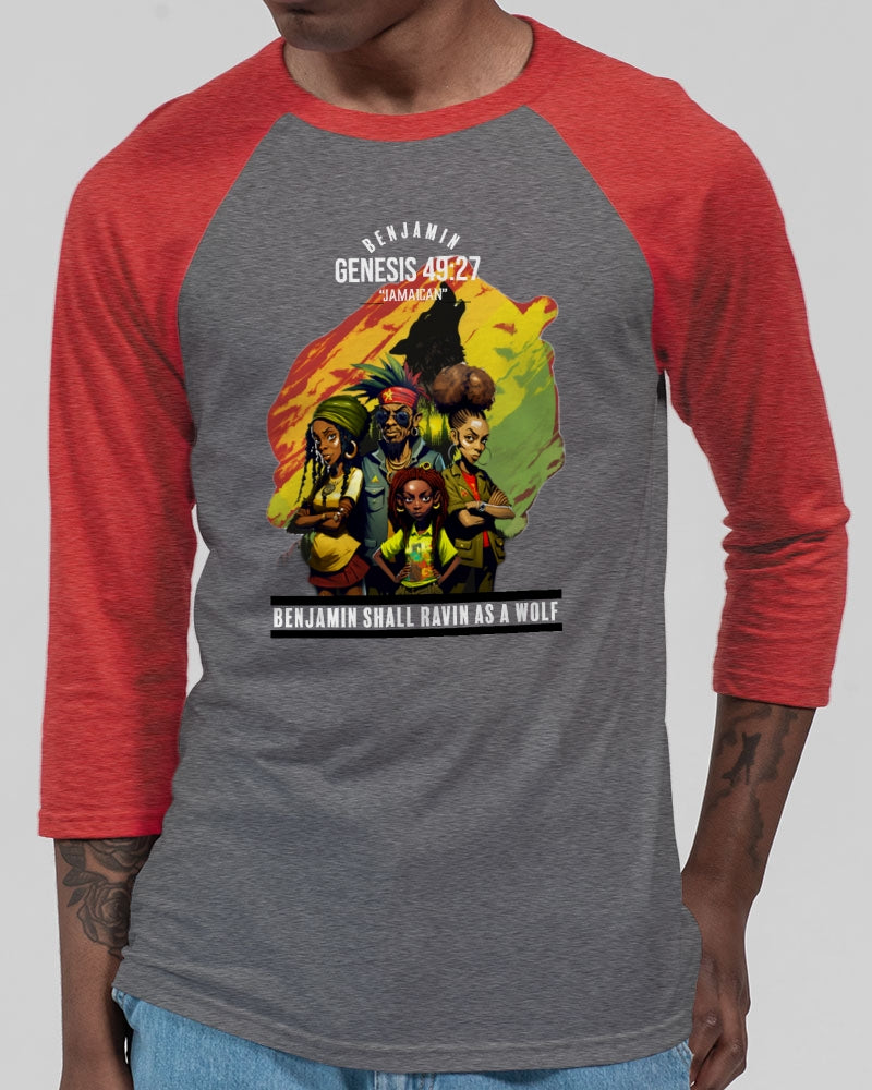 Benjamin GEN 49:27 Unisex Three-Quarter Sleeve Baseball Tee | Bella + Canvas