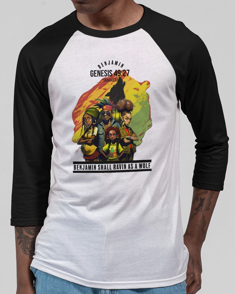 Benjamin GEN 49:27 Unisex Three-Quarter Sleeve Baseball Tee | Bella + Canvas